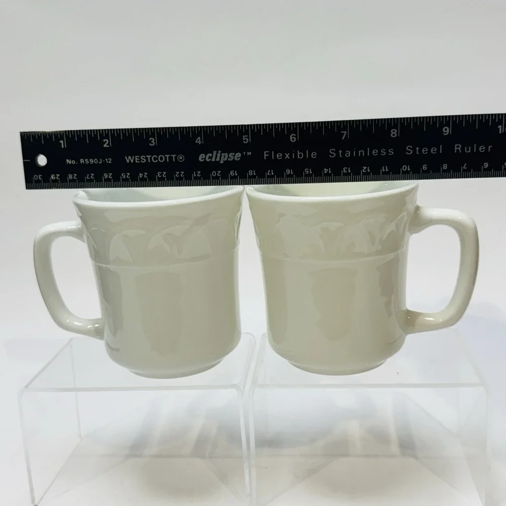(2)‎ Pier 1 Coffee Cup Mug Set Made in Italy White w Raised Arches Relief